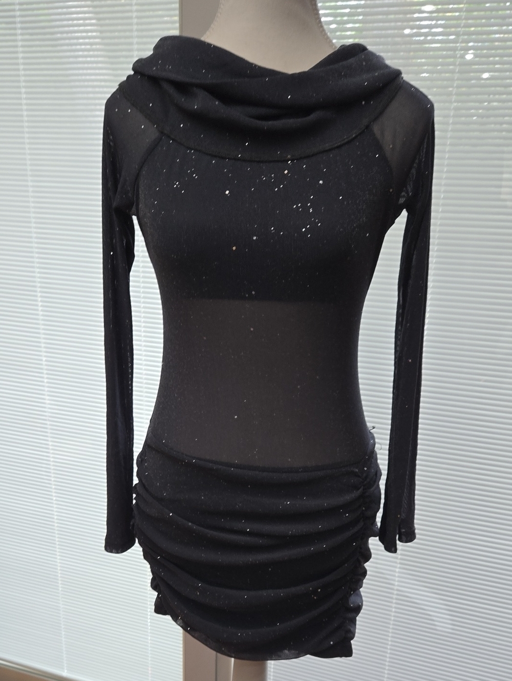 Black Sparkle Sheer Long-Sleeve Ruched Bodycon Dress Size Medium